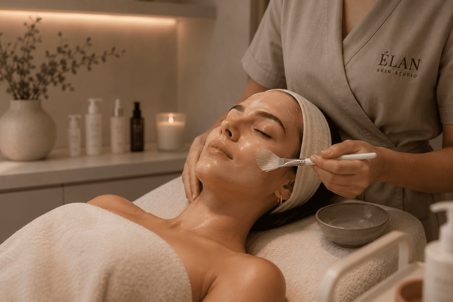 Huidspecialist voert een gezichtsbehandeling uit bij ÉLAN Skin Studio.