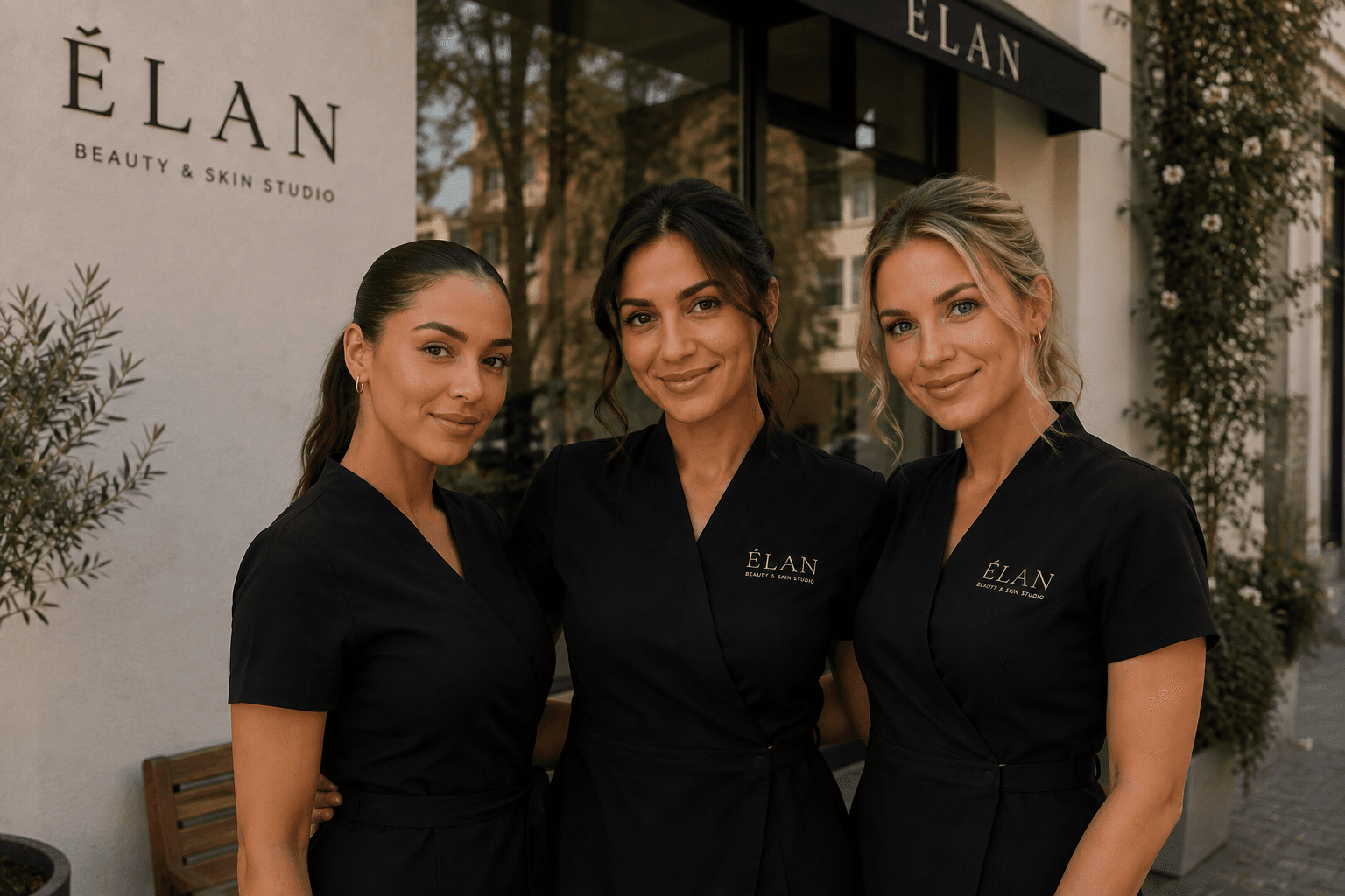 Het team van ÉLAN Skin Studio voor de ingang van de studio in Amersfoort.